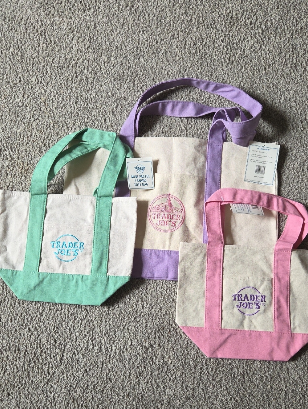 3 Trader Joe's Pastel Canvas Tote Bags - Pink, Green, Large Lavender, NWT